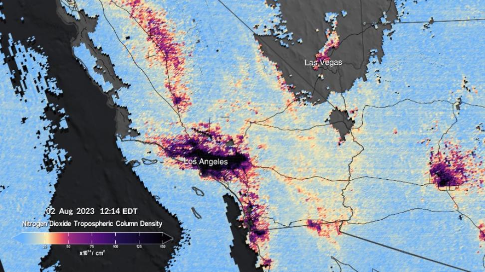 Map of TEMPO measurements of nitrogen dioxide over Southern California at 12:14 pm EDT, August 2, 2023 illustrating higher levels of nitrogen dioxide over Los Angeles  