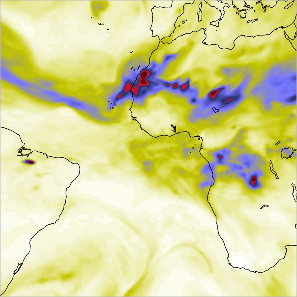 Map of western Africa with red, purple, and green colors indicating transport of dust off the coast of Africa and across the Atlantic Ocean.