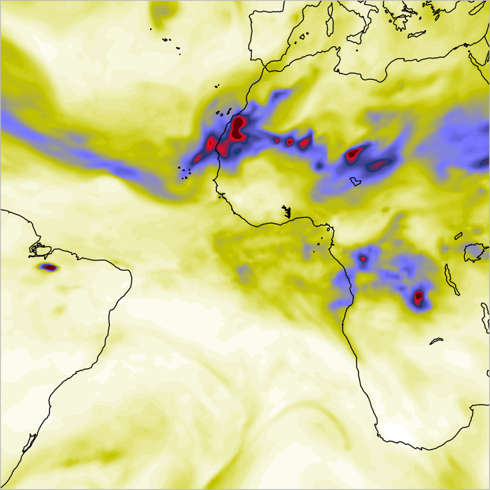 Map of western Africa with red, purple, and green colors indicating transport of dust off the coast of Africa and across the Atlantic Ocean.