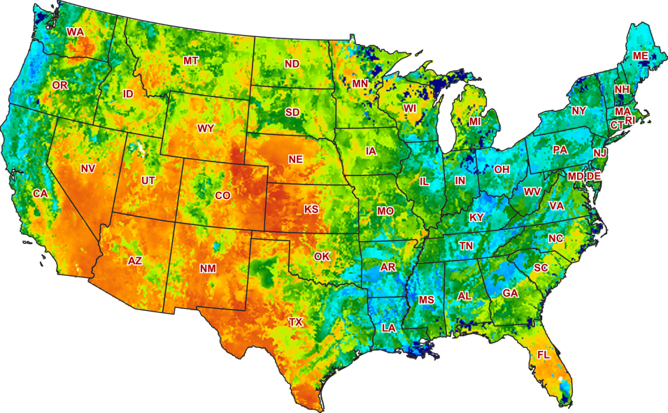 Map of U.S. with colors indicating soil moisture; western U.S. is much drier than eastern U.S.