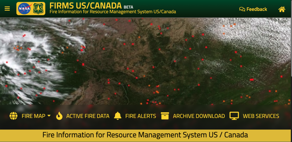 Screenshot of the FIRMS US/Canada Dashboard