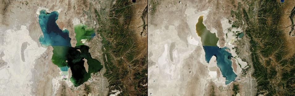 side-by-side images of great salt lake; left image at high water; right image at low water level from drought and overuse