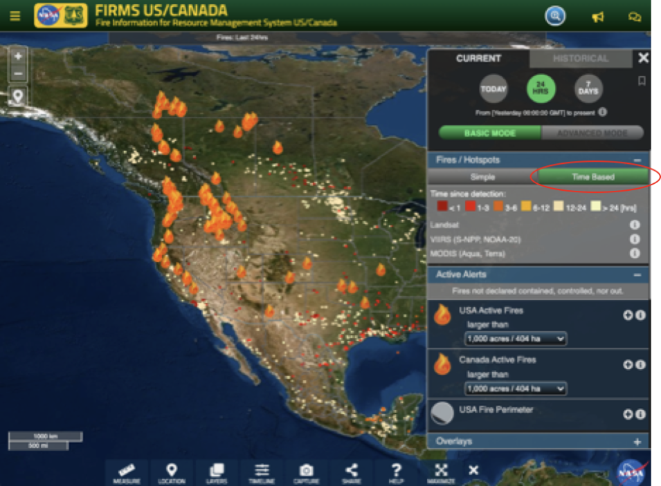 Screenshot of FIRMS map with a red oval indicating the Time Banded button in green