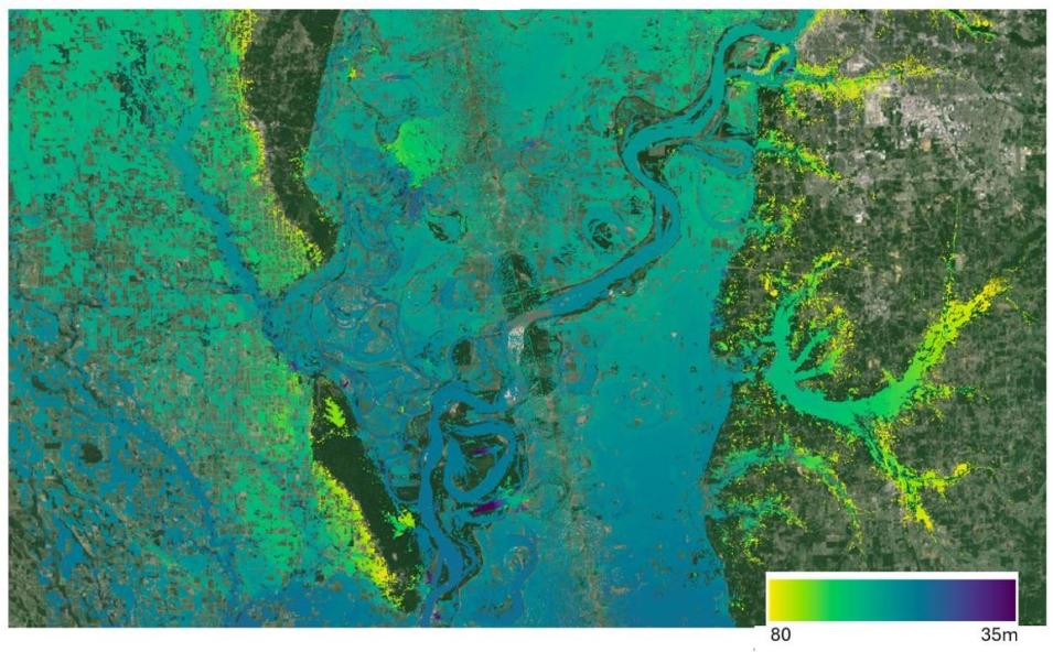 This image shows SWOT Water Surface Elevation data (in meters) for the Mississippi River on February 12th, 2024. 