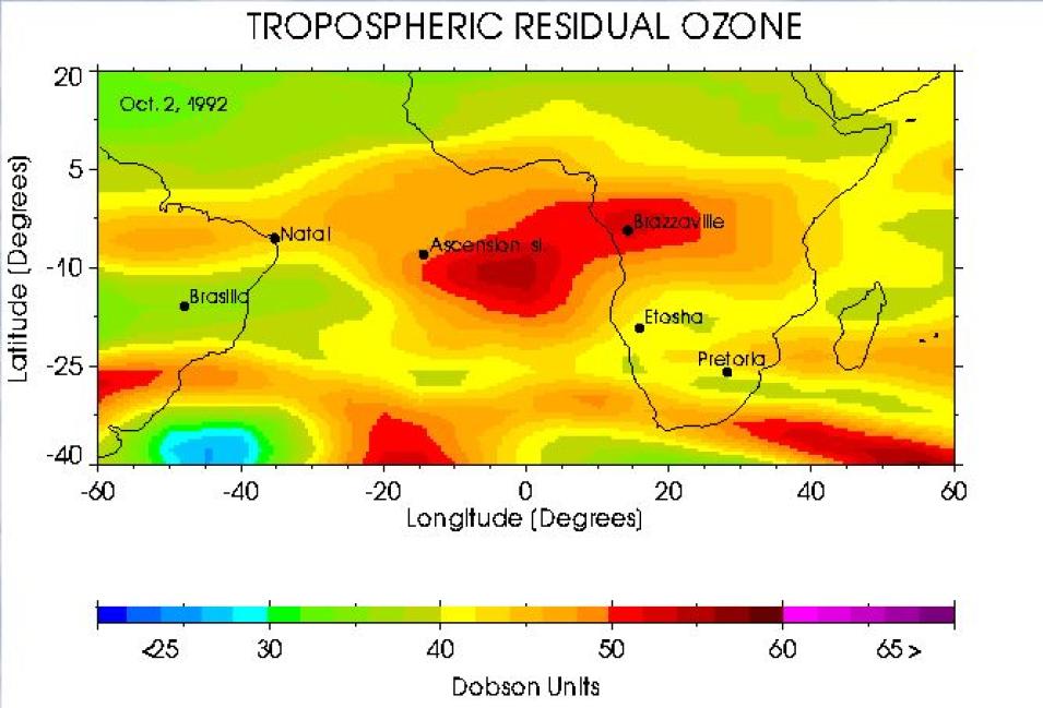 This visualization of data from the TRACE-A campaign shows concentrations of tropospheric ozone over the tropical Atlantic ocean, between southern Africa and South America