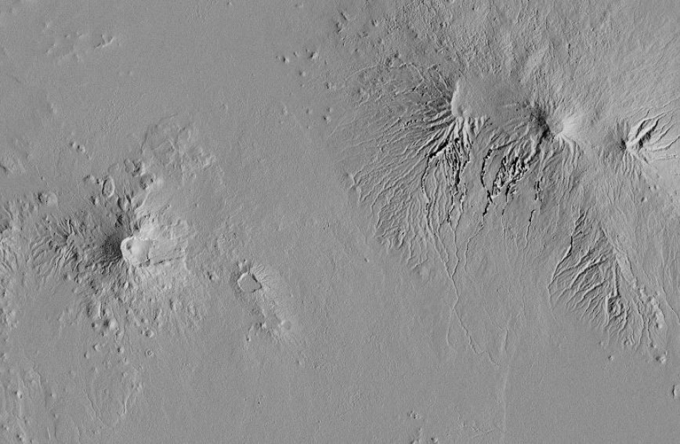 Surface elevation as shaded relief in shades of grey.