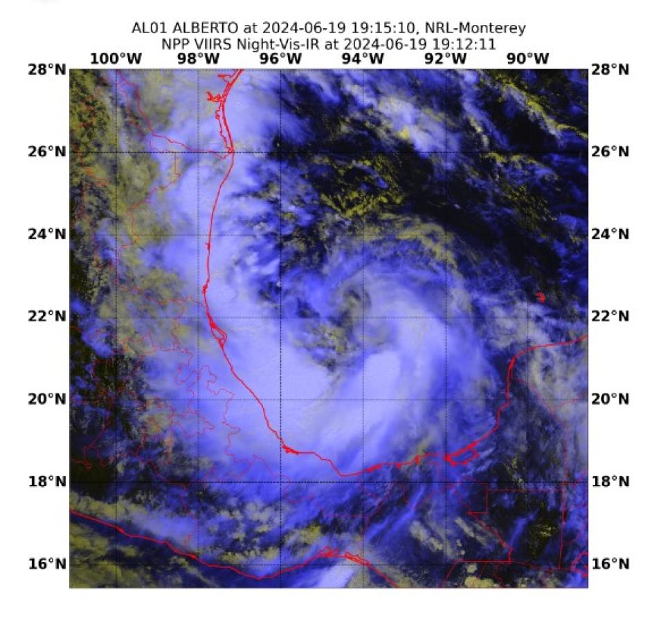 This nighttime image from the VIIRS instrument shows Tropical Storm Alberto in the Gulf of Mexico on June 20, 2024. 