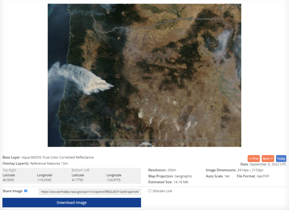 A September 9, 2022 Aqua MODIS true color composite image for Oregon generated from NASA Worldview Snapshots. The subset bounding box is defined by the map extent of the state, predefined in Snapshots, and extended by an additional 5% in both dimensions.