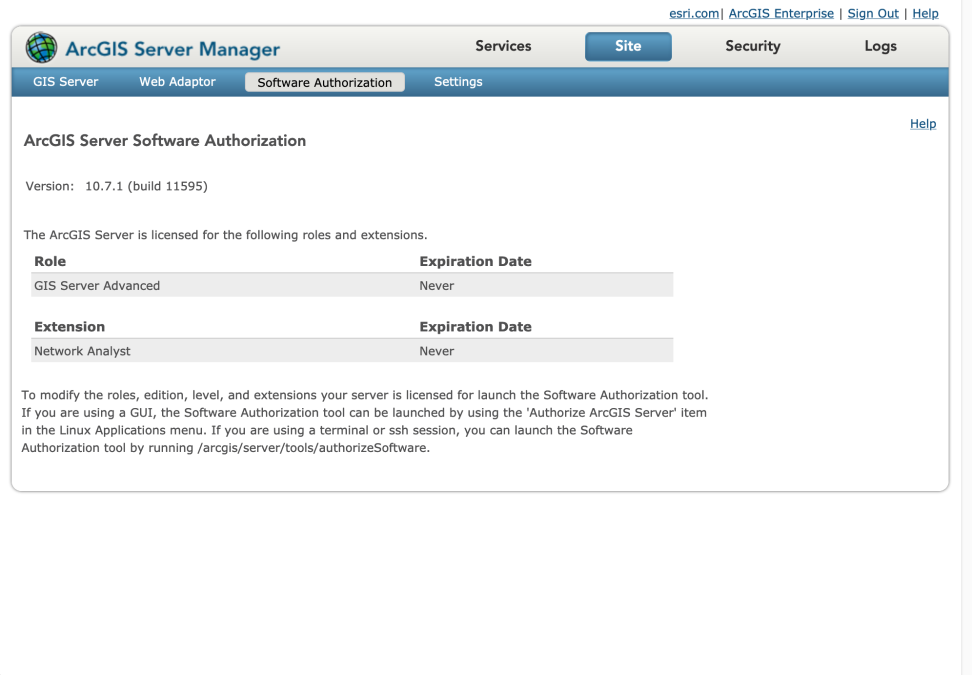 Screenshot of the ArcGIS Server Manager showing the role and extension expiration dates as Never.