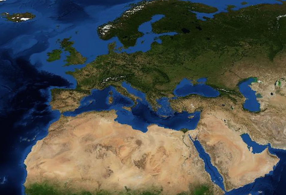 Screenshot showing a Blue Marble: Next Generation with topography and bathymetry of the Mediterranean Sea and surrounding countries.  