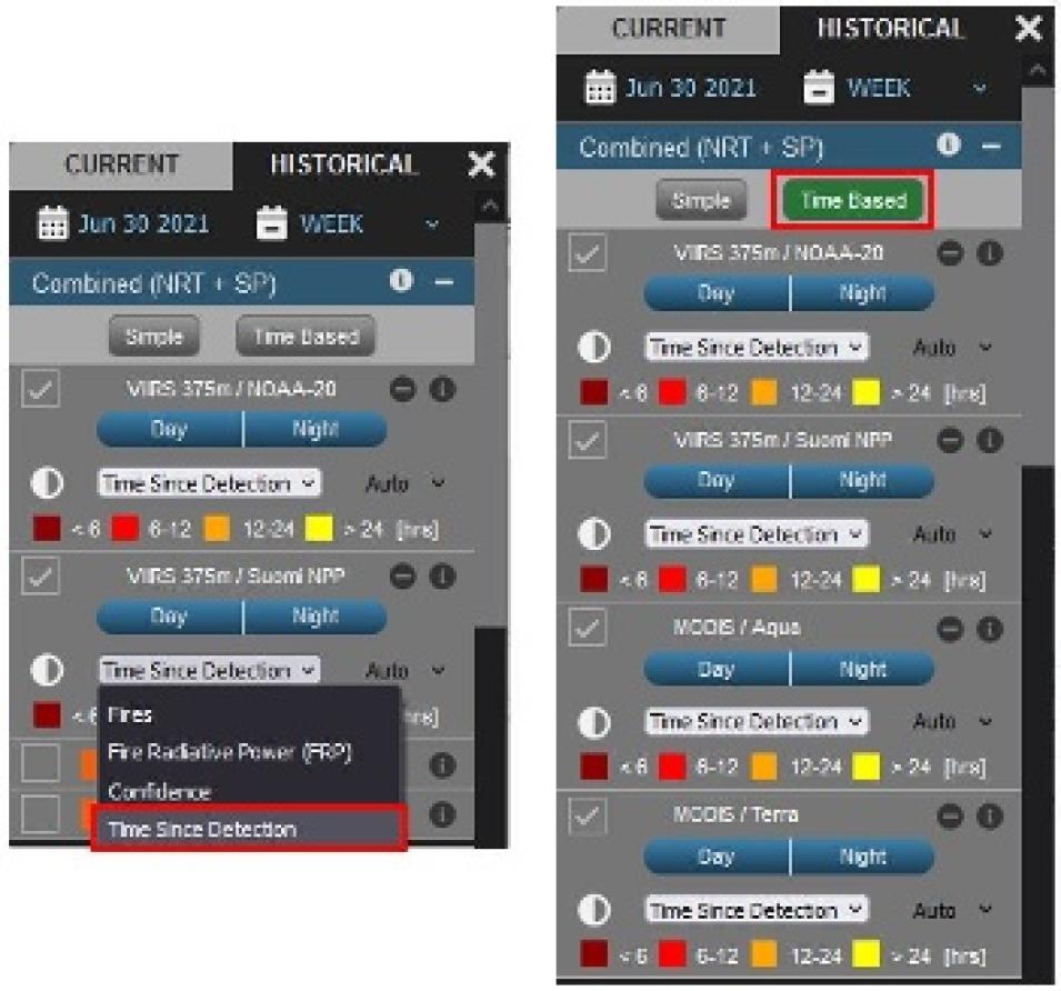 Examples of active fire data displayed with the time since detection classification