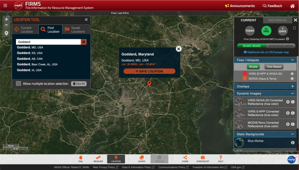 screenshot of the FIRMS location tool