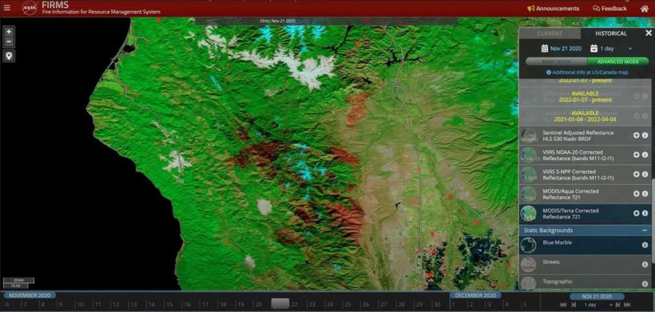 This Terra MODIS false color image from November 21, 2020, shows areas burned during the August Complex fire in California on November 21, 2020.