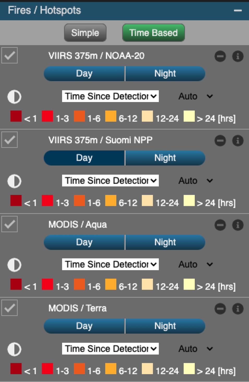 Screenshot of MODIS and VIIRS time based fire detection selections