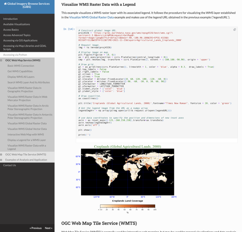 Screenshot of the GIBS API Documentation, Accessing via Python, Visualize WMS Raster Data with a Legend section.