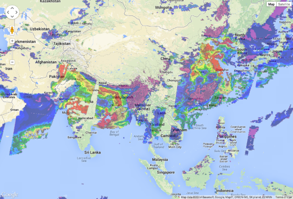 Colorful MODIS Aerosol Optical Depth mashed with Google Maps 