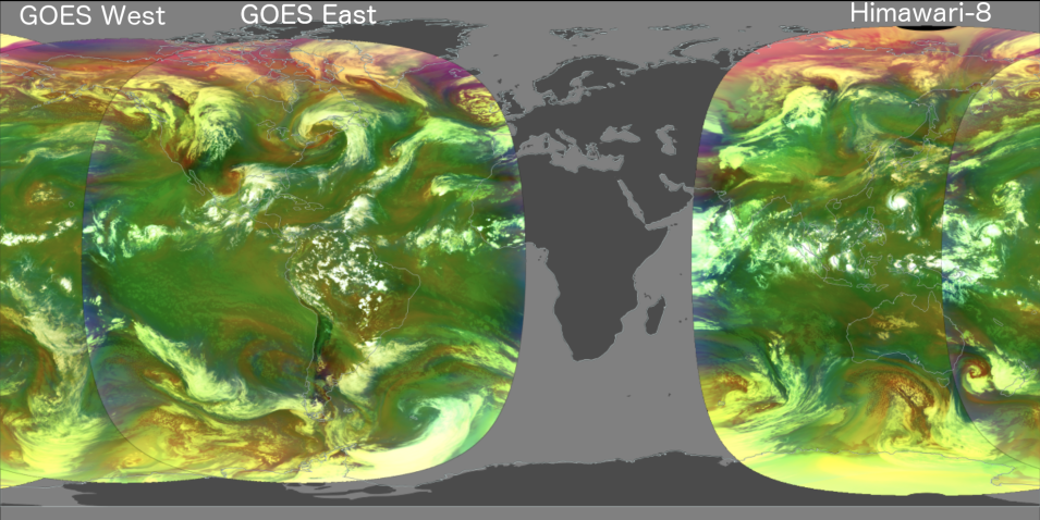 Red Visible, Clean Infrared, and Air Mass layers visible on GOES East, GOES West, and Himawari.