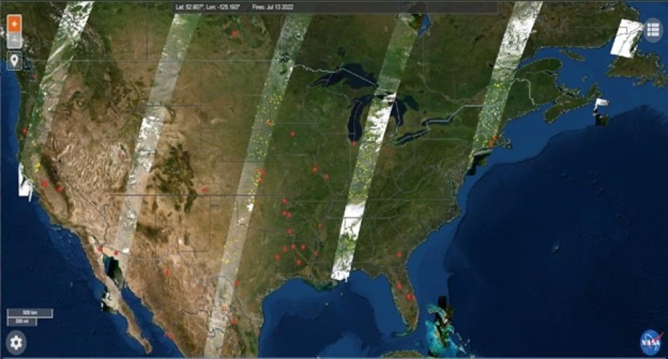 The graphic displays the HLS imagery product in FIRMS for July 13, 2022, which contains the acquired Landsat 8 and Landsat 9 imagery over land
