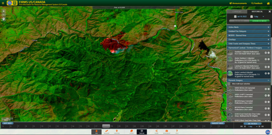 HLS false color composite image for the Moose Fire in northeast Idaho acquired by Landsat 8 on July 18, 2022