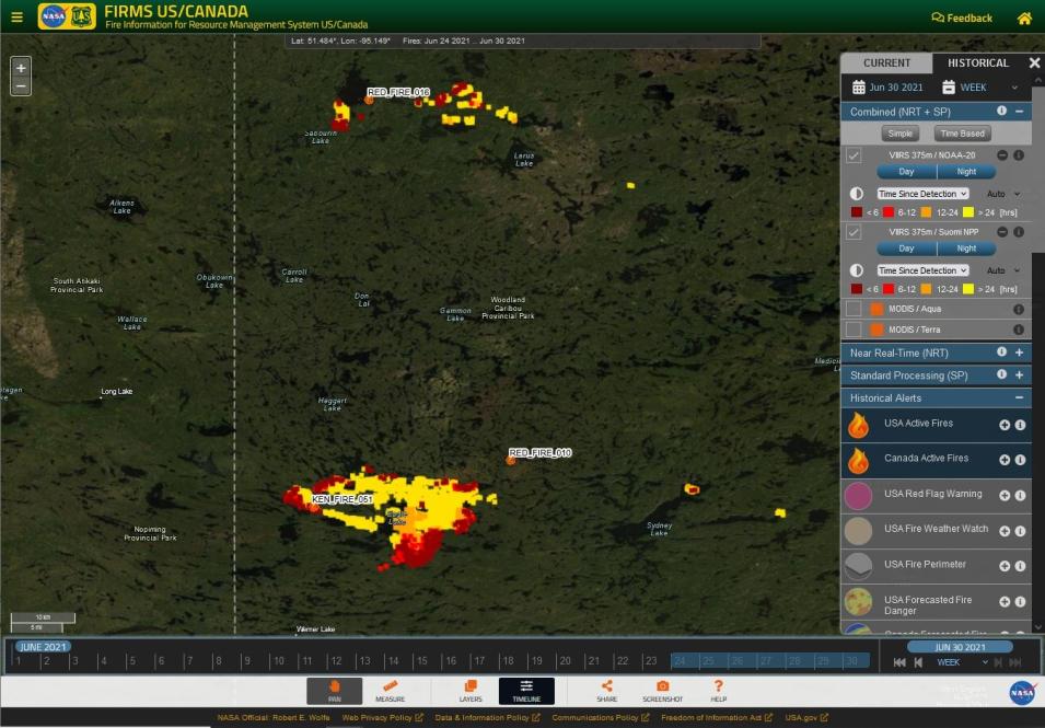 SNPP and NOAA-20 VIIRS active fire detection locations in Western Ontario symbolized by their time since detection at ~19:00 CDT June 30, 2021