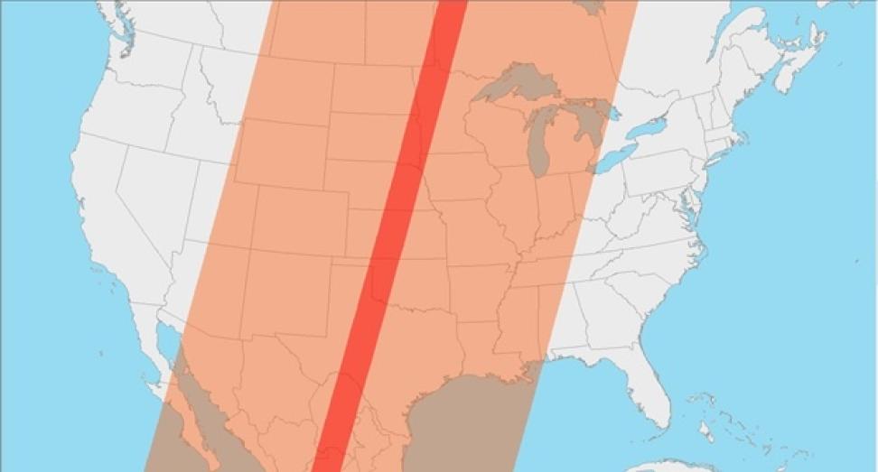 A sample dataset swath with a red line surrounded on either side by wide transparent orange lines going from the top to the bottom of the image over a map of the continental United States.