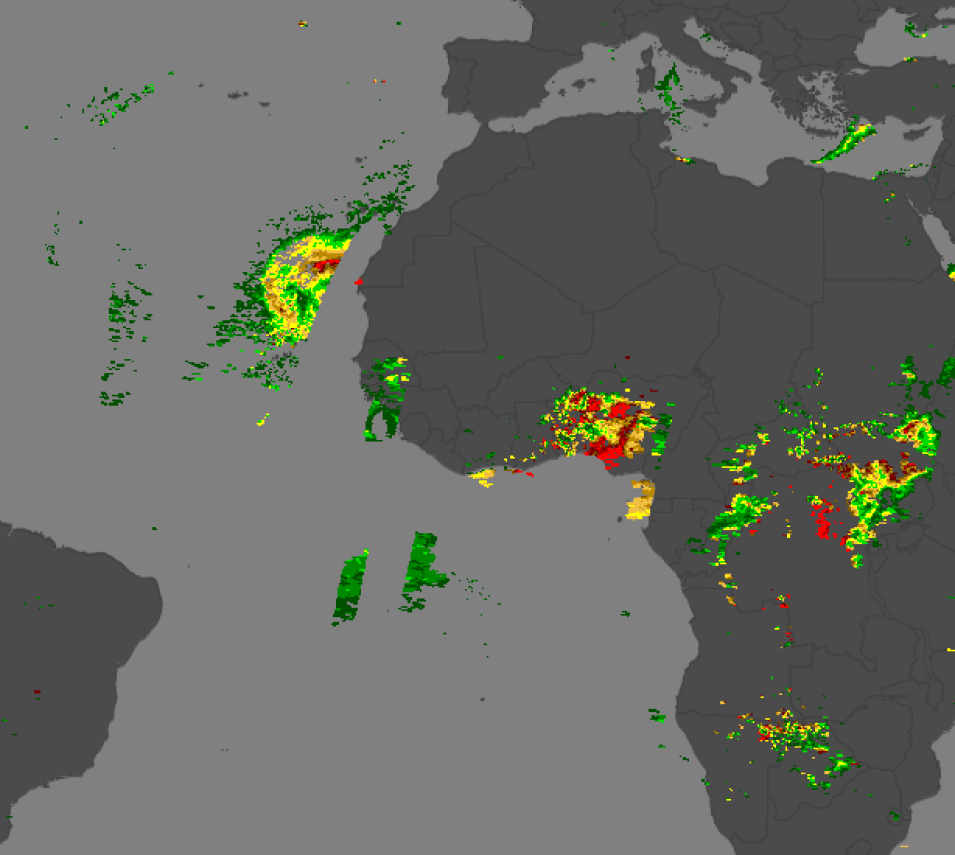 Old MODIS aerosol optical depth palette in green, red, and yellow over a map of Africa.