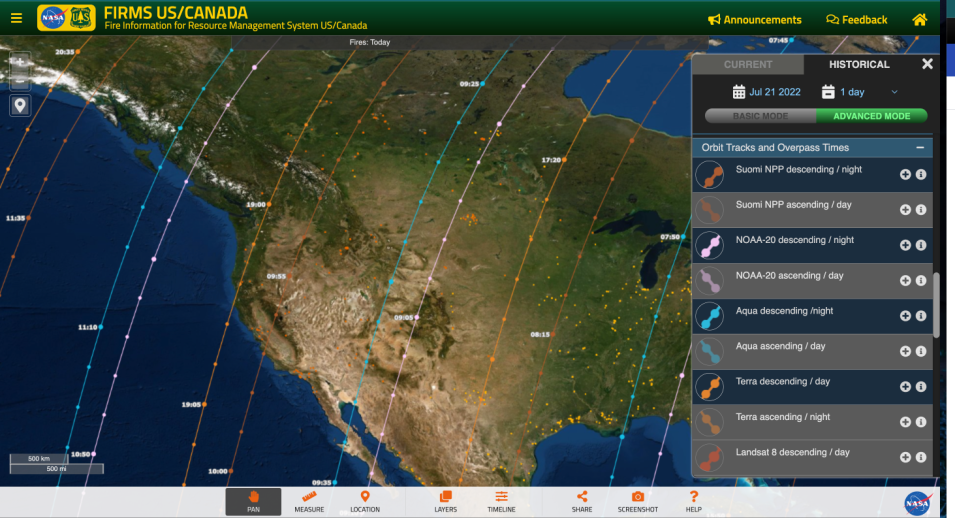 Screenshot showing descending overpass times from Suomi-NPP, NOAA-20, Aqua and Terra. These can be added by going to Advanced Mode and then selecting tracks from the Orbit Tracks and Overpass Times.