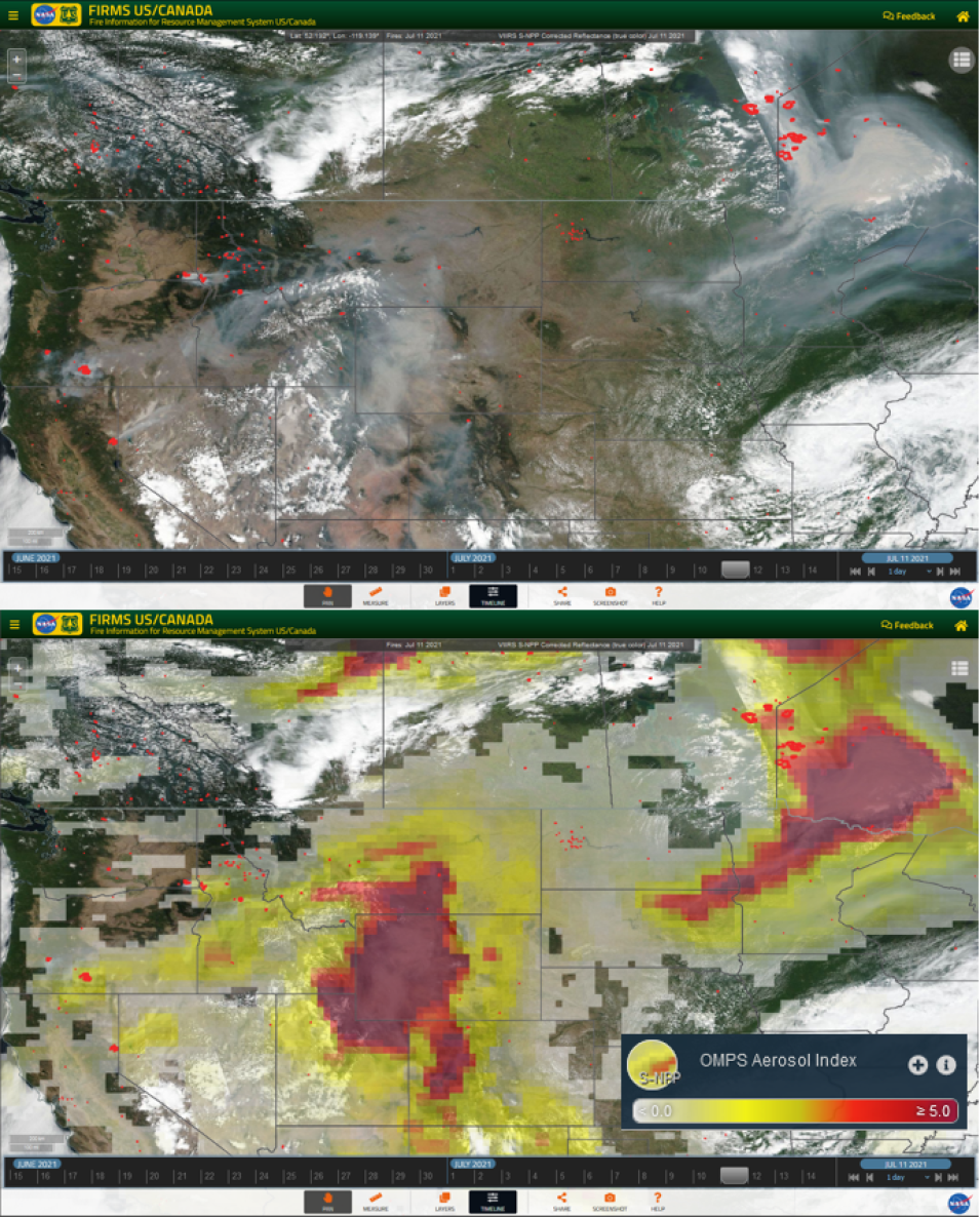 Wildland fire smoke visible in S-NPP VIIRS true color imagery acquired on July 11, 2021 (top). Active fire detections are displayed as red points. The aerosol index derived from S-NPP OMPS observations collected at the same time as the VIIRS imagery is provided for comparison (bottom). 