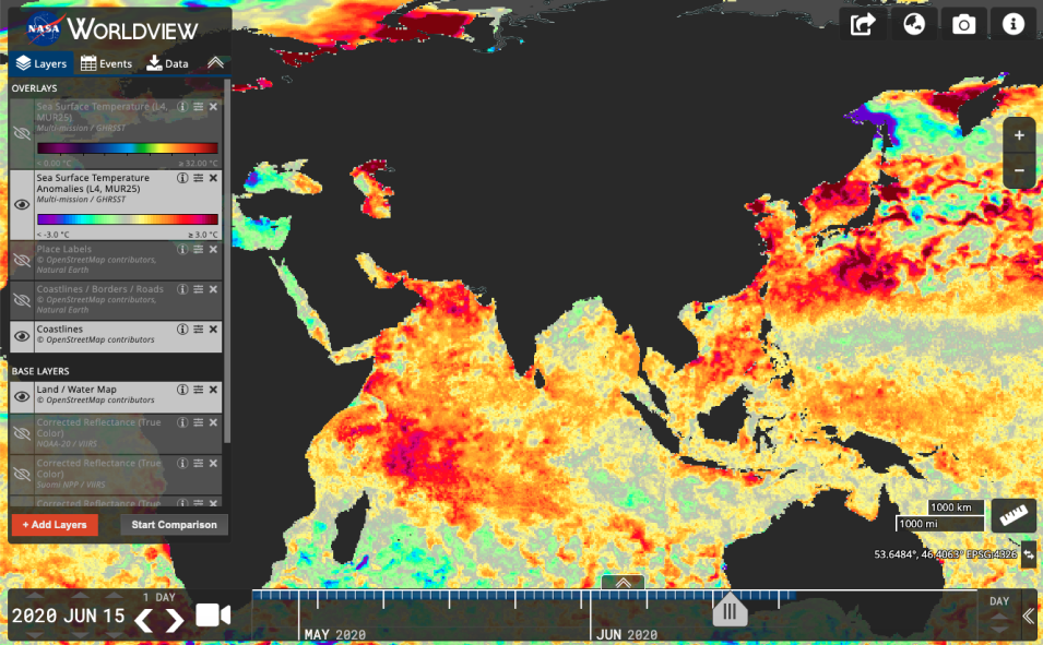 Screenshot of a satellite view of Earth in Worldview showing sea surface temperature anomalies, with darker areas (red, purple) indicating stronger anomalies.