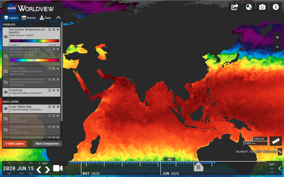 Screenshot of a satellite image of Earth in Worldview. Sea surface temperatures are color-coded, with high temperatures in reds and yellows and cooler temperatures in blues and purples. 