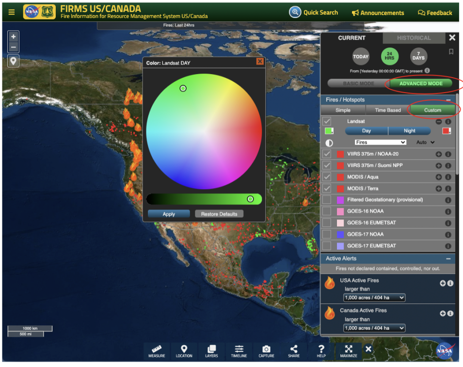 Screenshot of FIRMS with red ovals highlighting green Advanced mode and Custom buttons