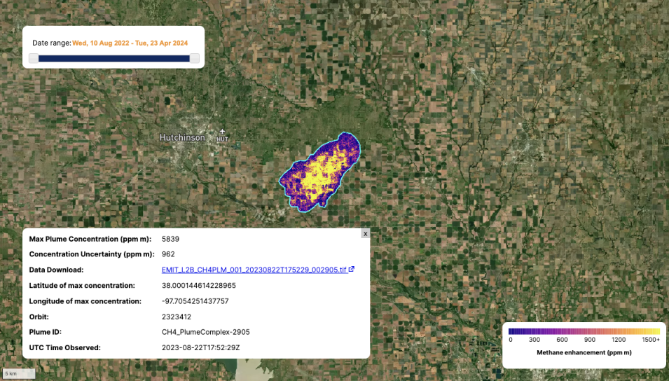 true color basemap with purple/yellow methane plume in center; key is in lower right and image information in lower left