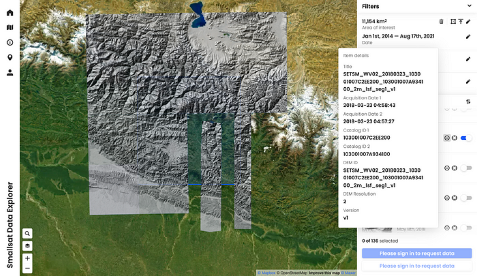 SmallSat Data Explorer showing EarthDEM mosaics and strips from a region over DEMs.