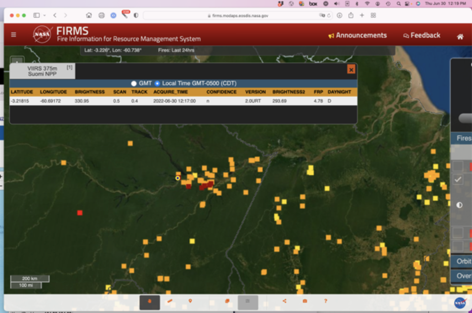 Screenshot showing URT fire detected on 2022/06/30. The fire was observed at 12:17 CDT and displayed in FIRMS at 12:19 CDT (as shown by computer time on top right of screen)