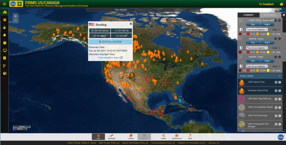 Wildland fires FIRMS screenshot