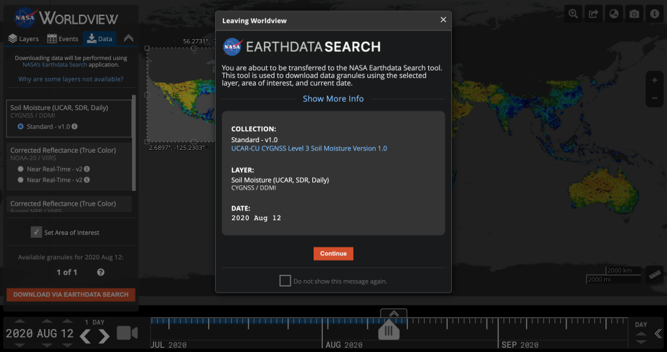 Screenshot of Worldview directing the user to download data via Earthdata Search.