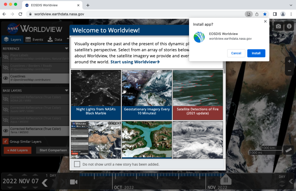 Screenshot of the Worldview PWA desktop interface