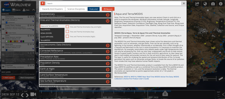 Screenshot of Worldview showing a selection box for Aqua/Terra data