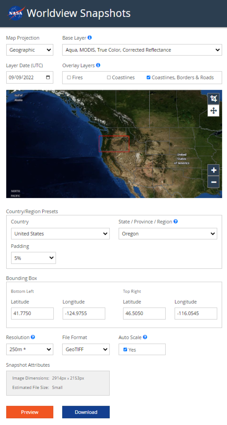 A screenshot of the Worldview Snapshots definition for an imagery subset of the state or Oregon.