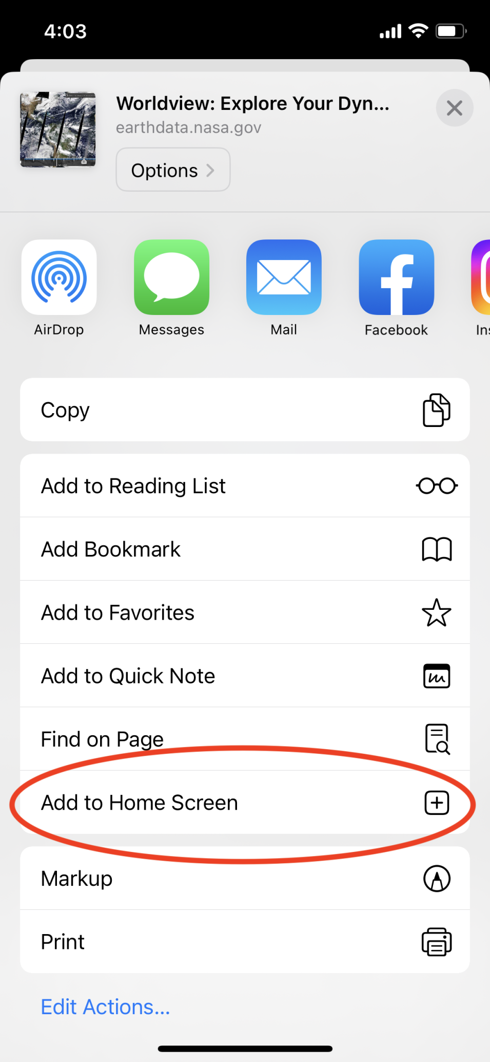 Screenshot of the worldview mobile app how to add to home screen 