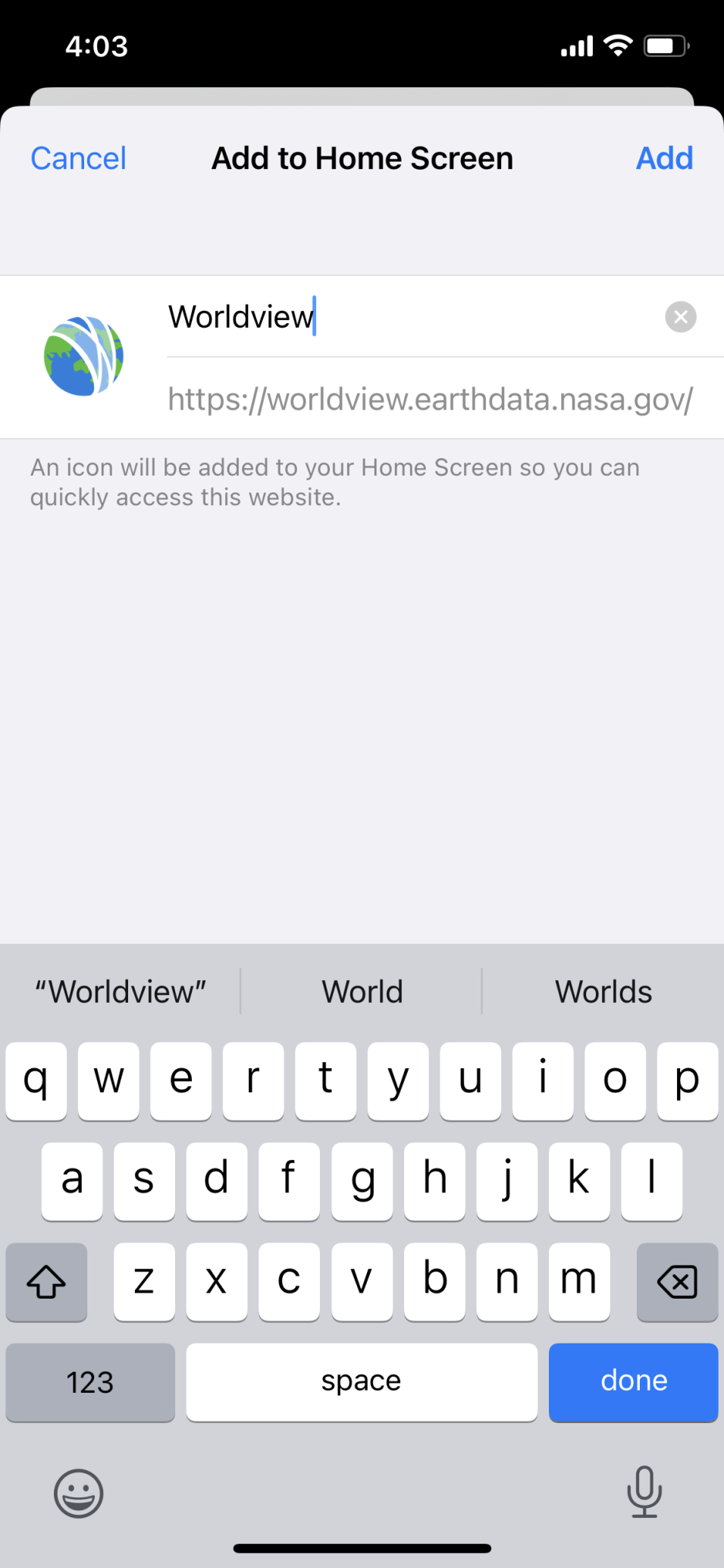 Screenshot of the worldview mobile app