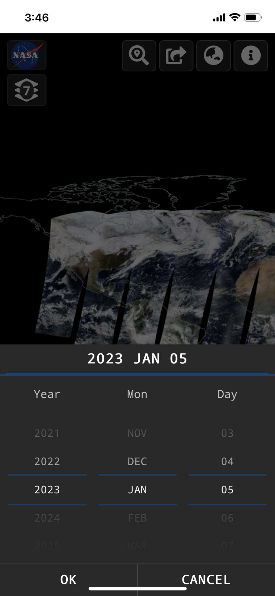 Screenshot of Worldview app dates