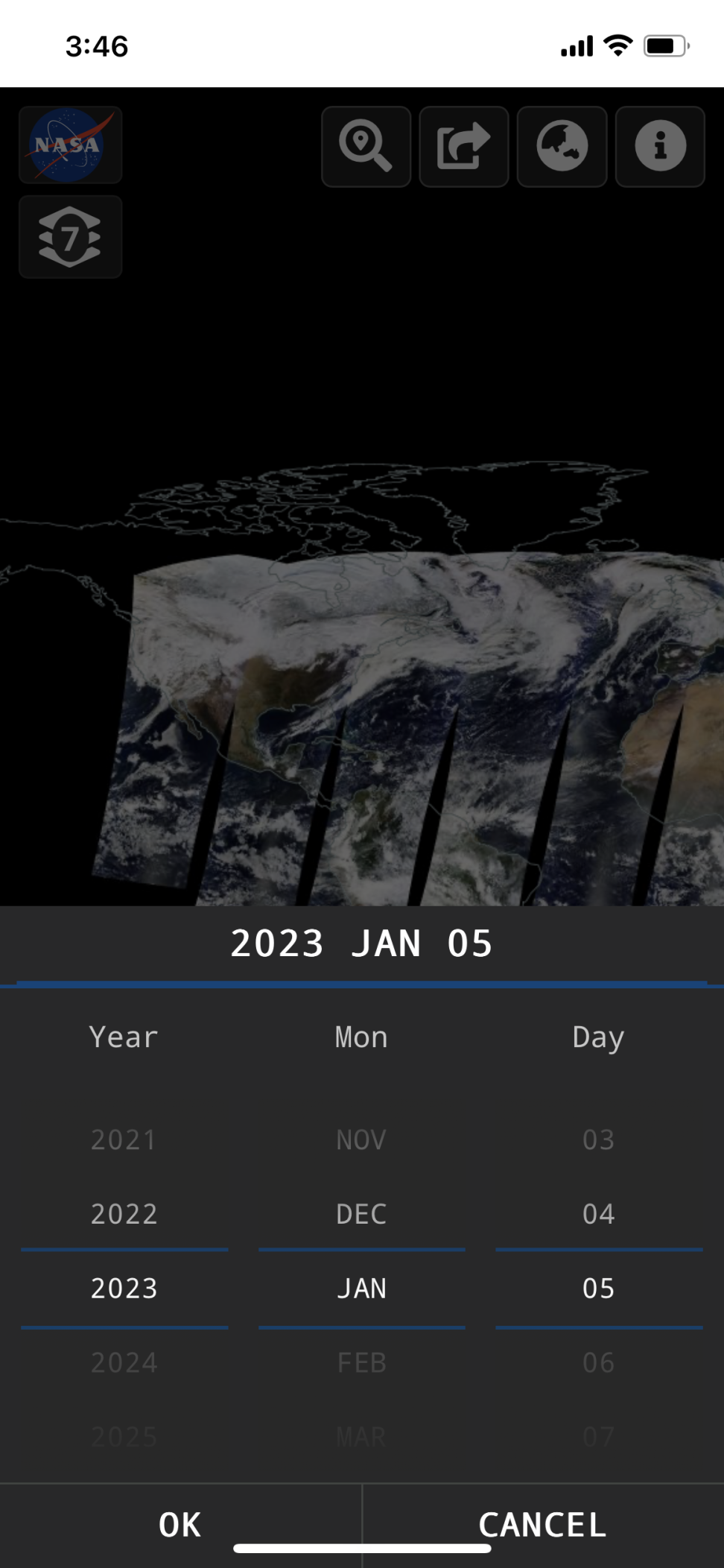 Screenshot of Worldview app dates