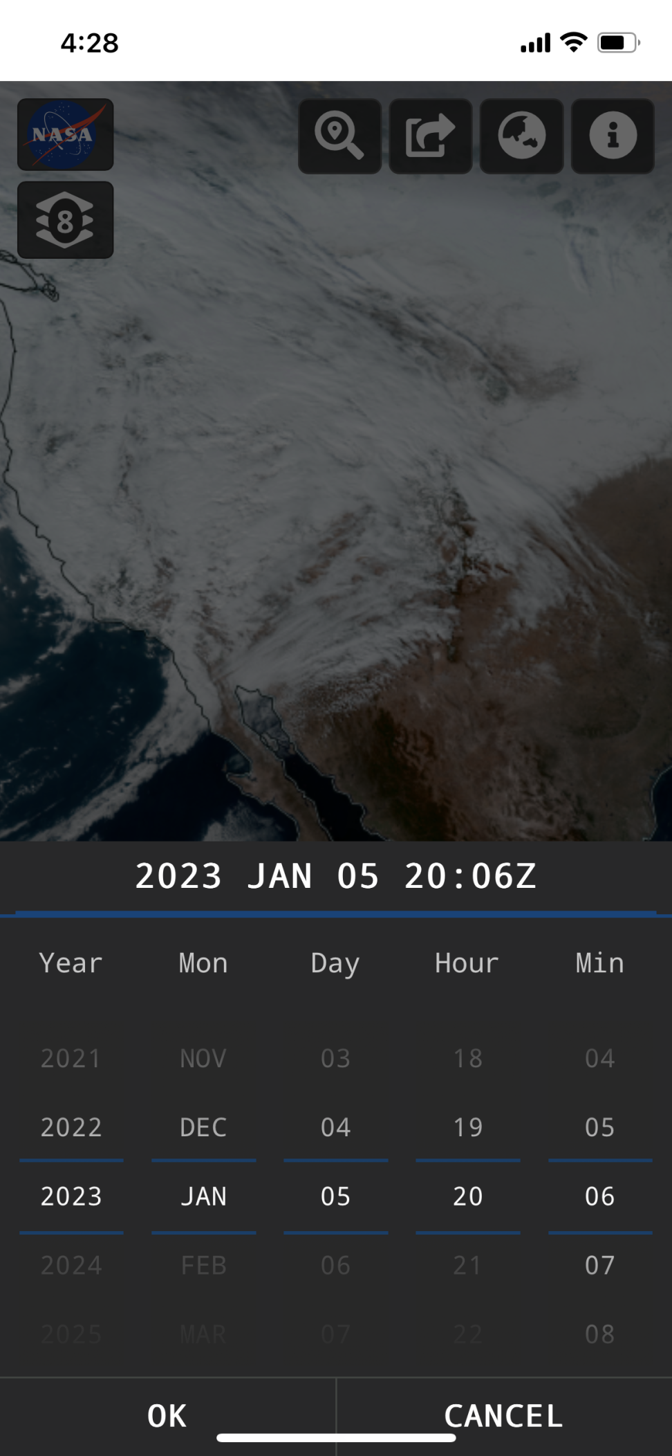 Screenshot of Worldview app date picker