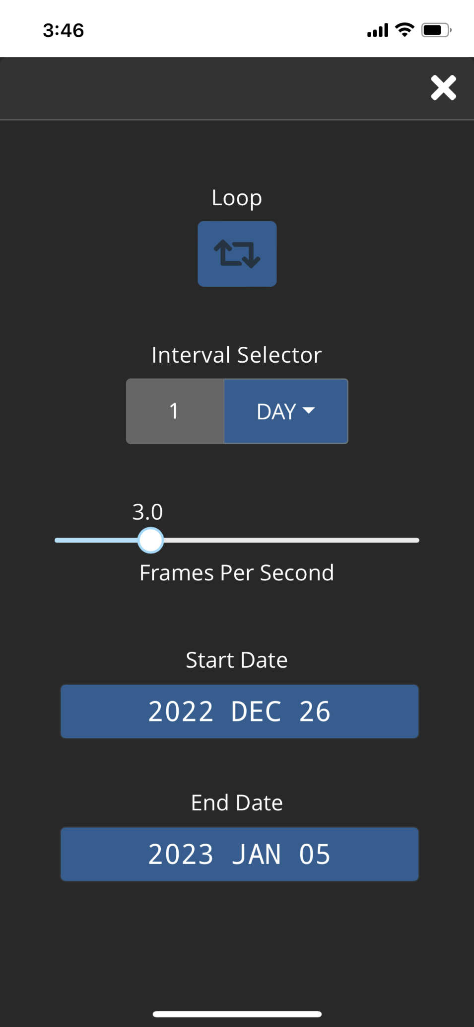 Screenshot of Worldview app date screen