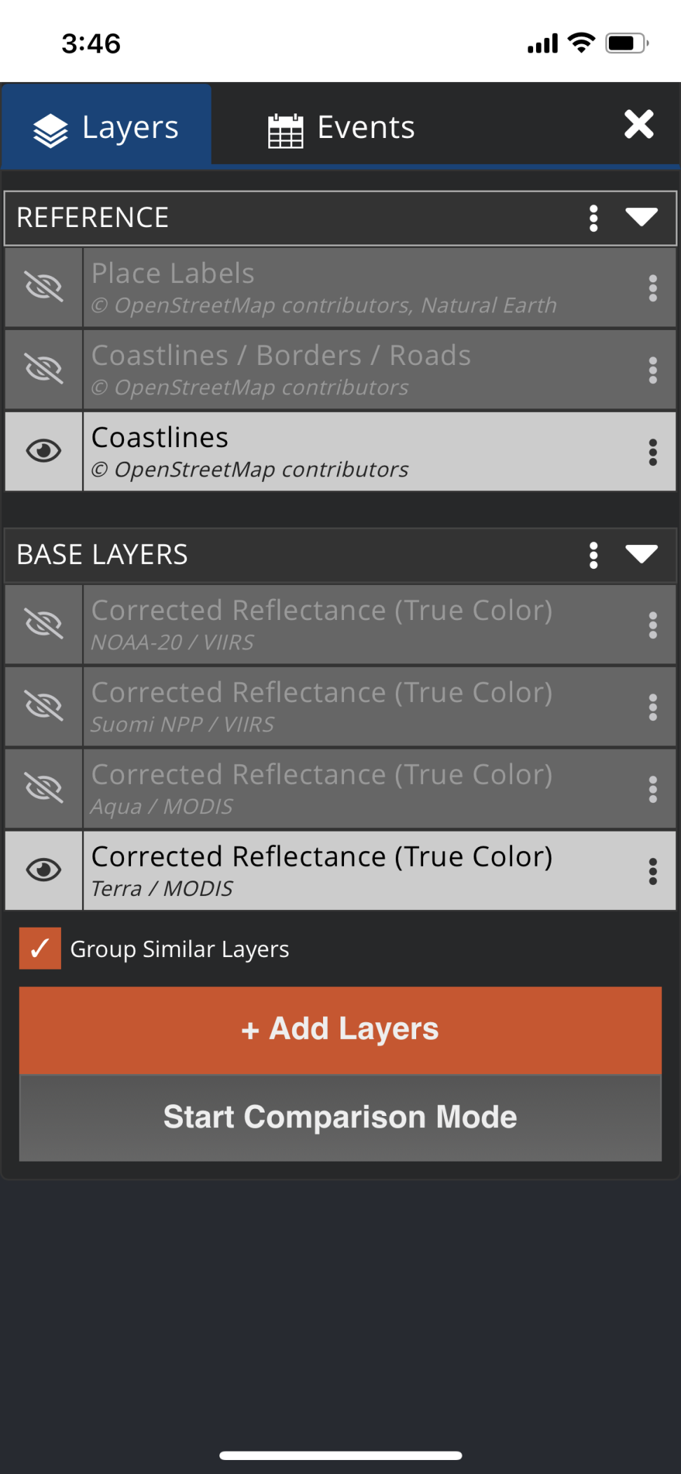 Screenshot of Worldview app layers