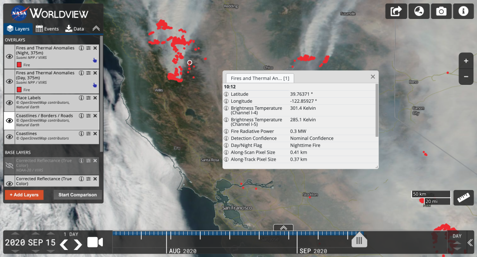 Screenshot of a dialog box overlaid on a map showing fire data points in red.
