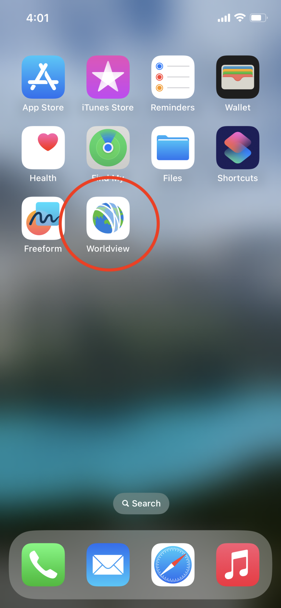 Screenshot of a phone screen showing the worldview app icon