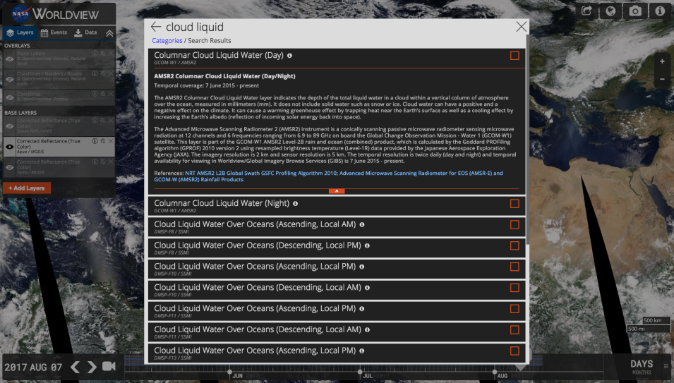 Screenshot of the Worldview layers list