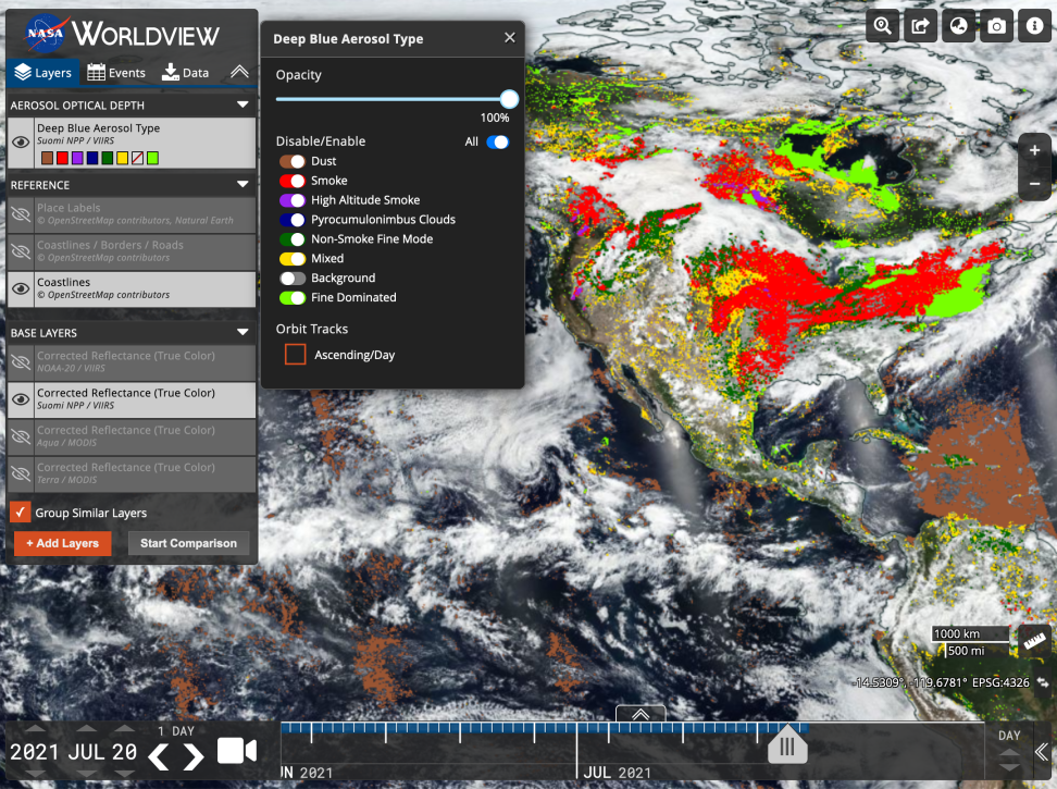 Screenshot of Worldview showing the Aerosol Type layer superimposed above a satellite image of Earth with areas of red and green indicating aerosol concentrations.